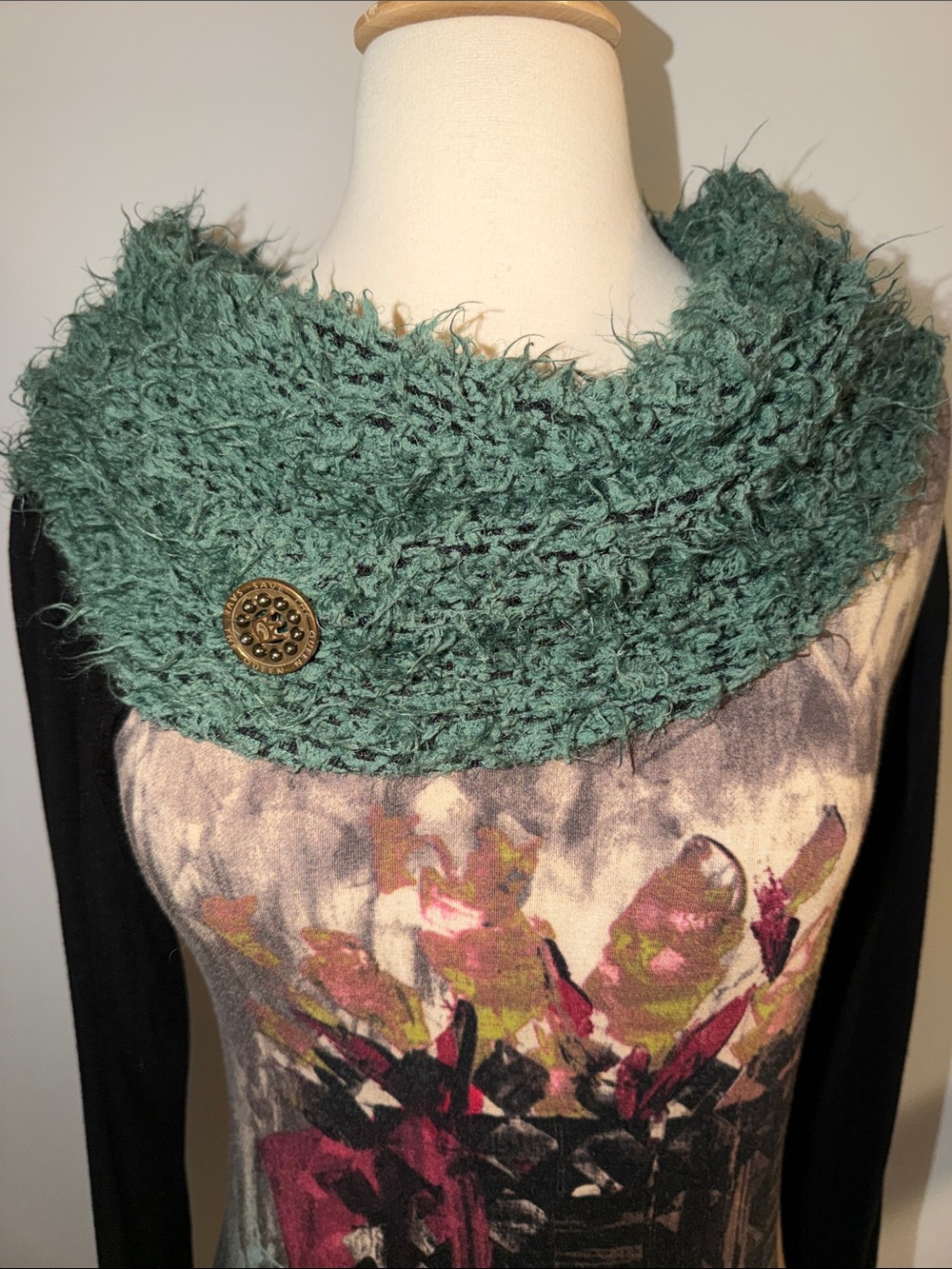 Save The Queen Long Sleeve Graphic Dress with Teal Knit Cowl and Black Sleeves - Picture 3 of 13